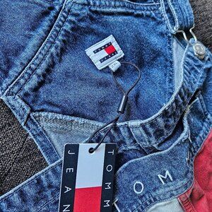 Tommy jeans retro flag denim overalls in mid wash size 2XL